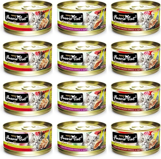 Fussie Cat Premium Grain Free Canned Cat Food 3 Flavor Variety: (4) Tuna with Chicken, (4) Tuna with Salmon and (4) Ocean Fish, 2.82 Oz Each (12 Cans Total)