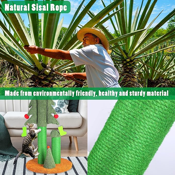 FluffyDream 32” Cat Scratching Post, Tall Christmas Tree Cat Scratcher with 3 Posts and Cute Dangling Teaser Balls, Natural Sisal Rope Cat Toys for Kitty and Adult Cats
