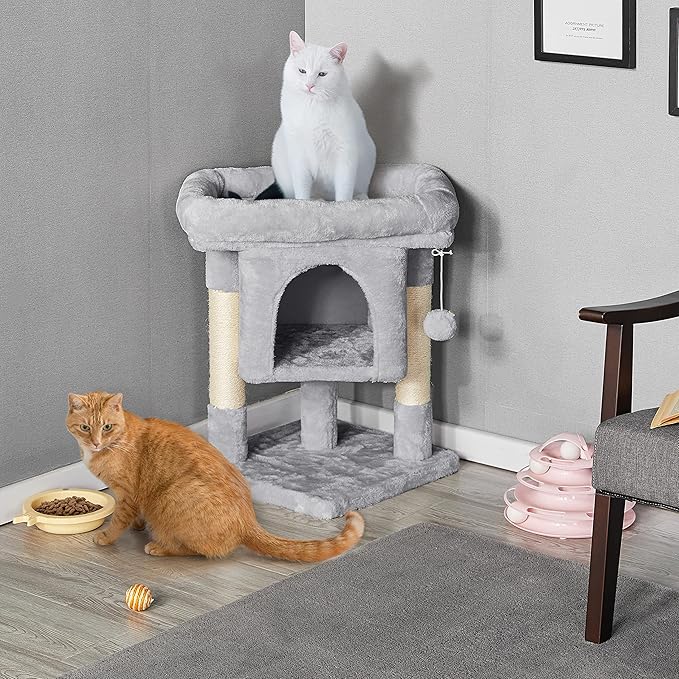 Yaheetech Cat Scratching Posts with Bed, 23.5 Inches Cat Kitten Scratcher Featuring with Sisal Scratch Posts, Interactive Dangling Ball for Indoor Large Cats, Light Gray