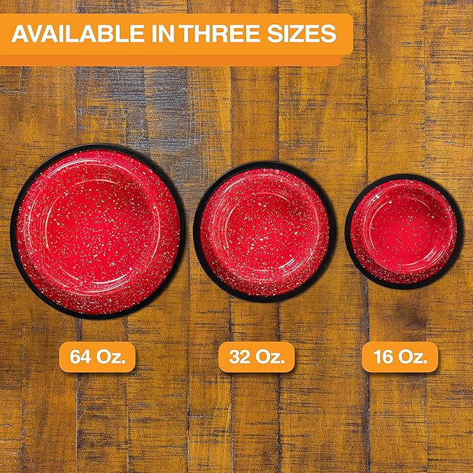 Neater Pet Brands - Outdoor Camping Style Pet Bowl - Enamel Ware Blue Black Granite Colors - Dog Cat No Tip Skid Bowls (16 oz, Red)