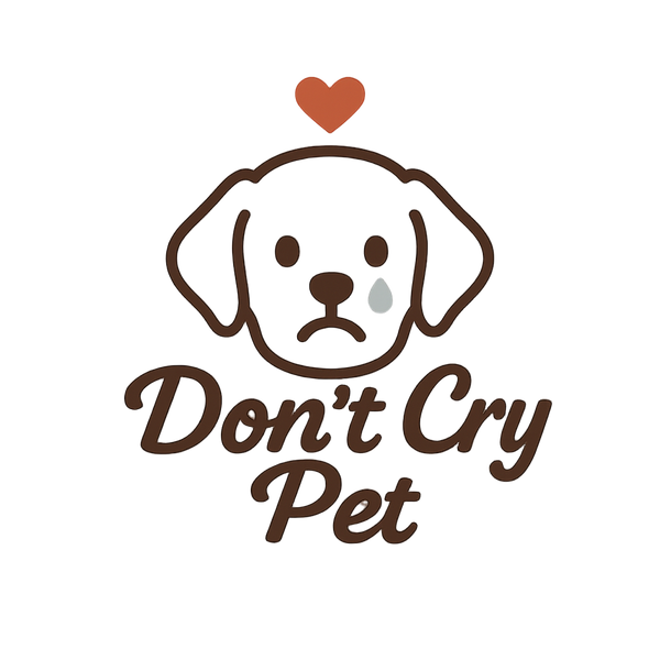 Logo with a dog face, heart, and 'Don't Cry Pet' text on a white background